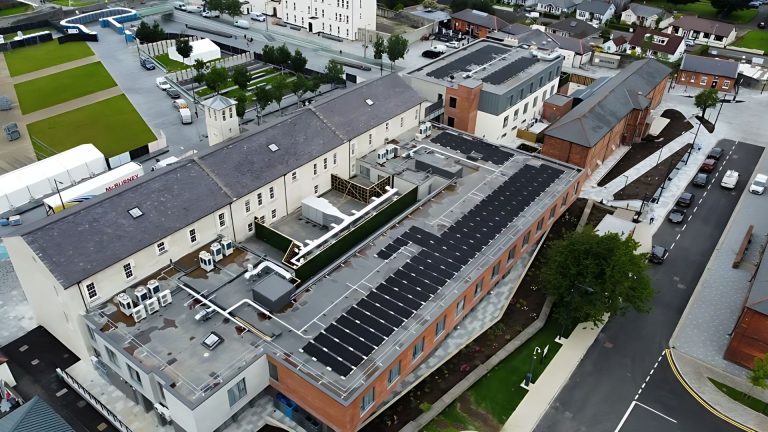 long rows of commercial solar panels