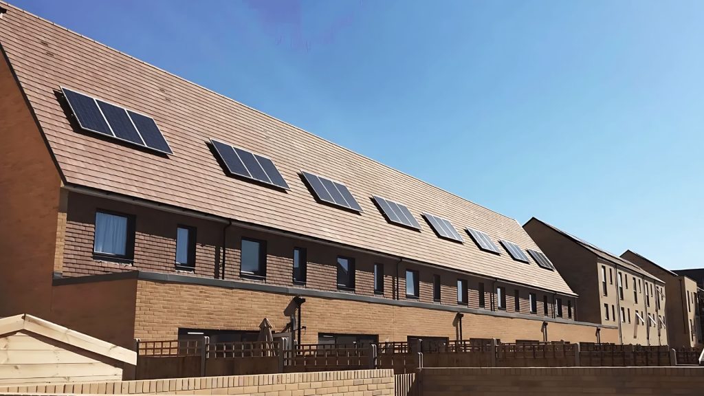 rows of 3 solar panels on terraced houses