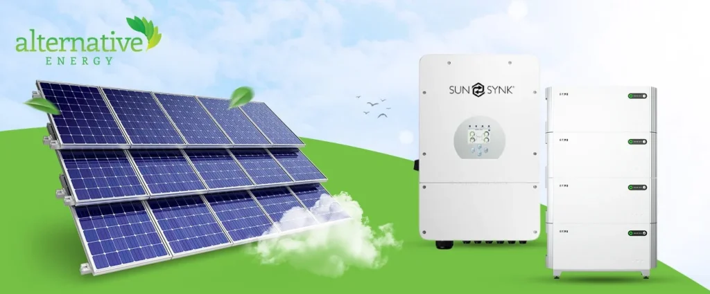 Sun Synk system and solar panels with alternative energy logo