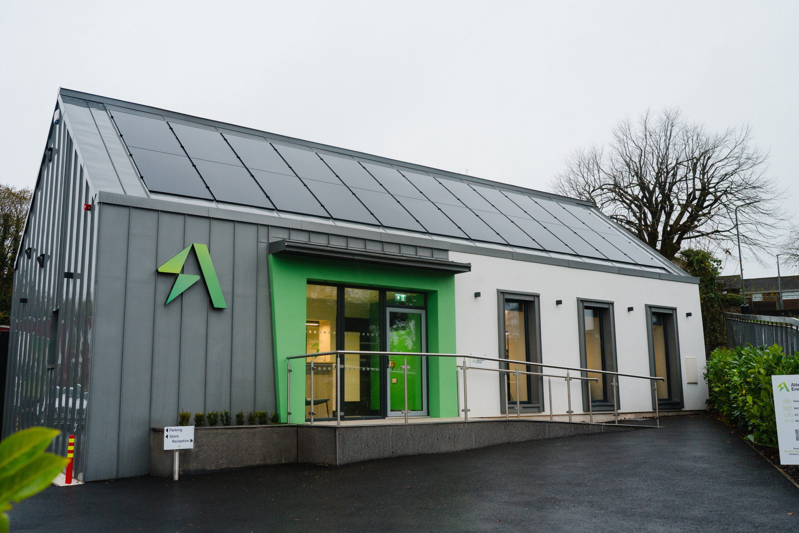 Alternative Energy Dromore Co. Tyrone completed construction of building featuring in-roof solar photovoltaic PV system.